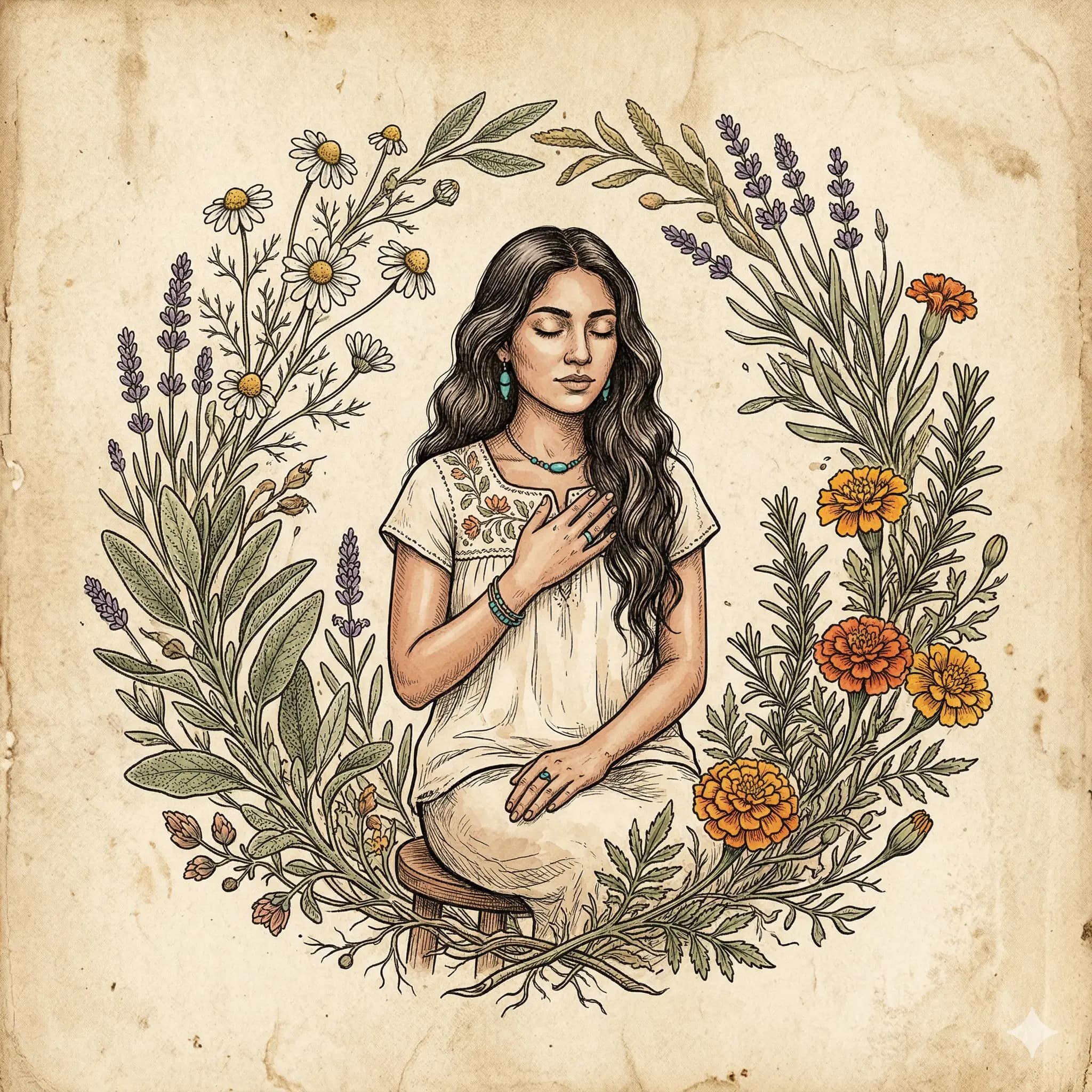Mujer rodeada de plantas medicinales en contemplación